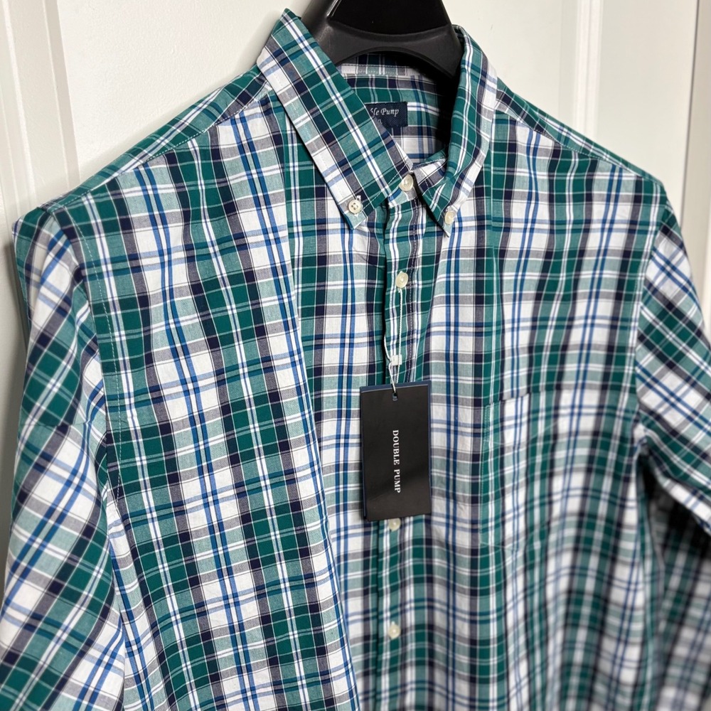 NEW Double Pump Mens 2XL Plaid Button Down Shirt Green Blue 100% Cotton Preppy
